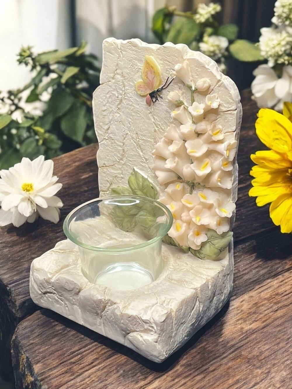 1998 Youngs Ceramic Flowers and Butterfly Garden Votive Wall Candle Holder VTG